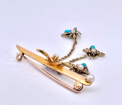 Victorian Turquoise and Pearl Triple Fly Brooch 14K - Picture 6 of 12