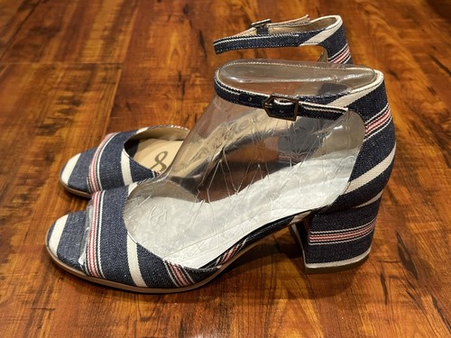Sam Edelman Susie Navy Stripe Ankle Strap Block Heel Sandals Women’s Size 6.5 M - Picture 6 of 12