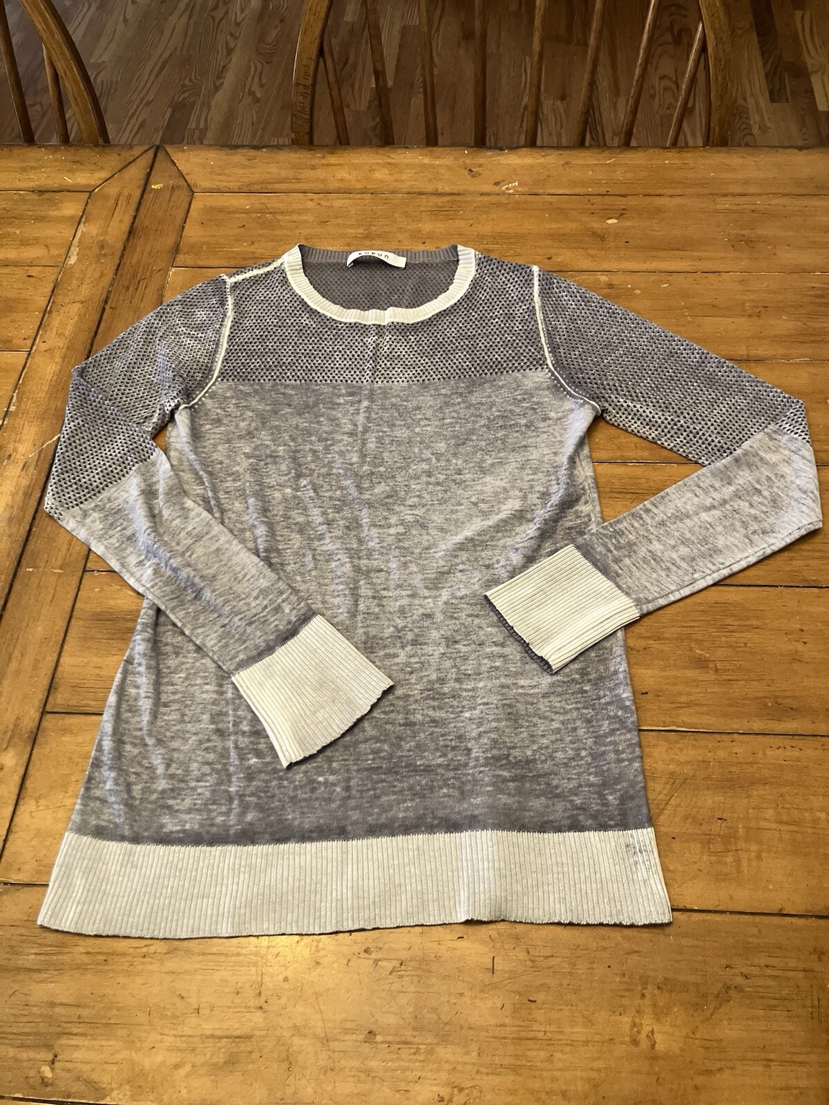 Kokun Gray White Overdyed Bamboo Cashmere Crew Neck Sweater XS Open weave