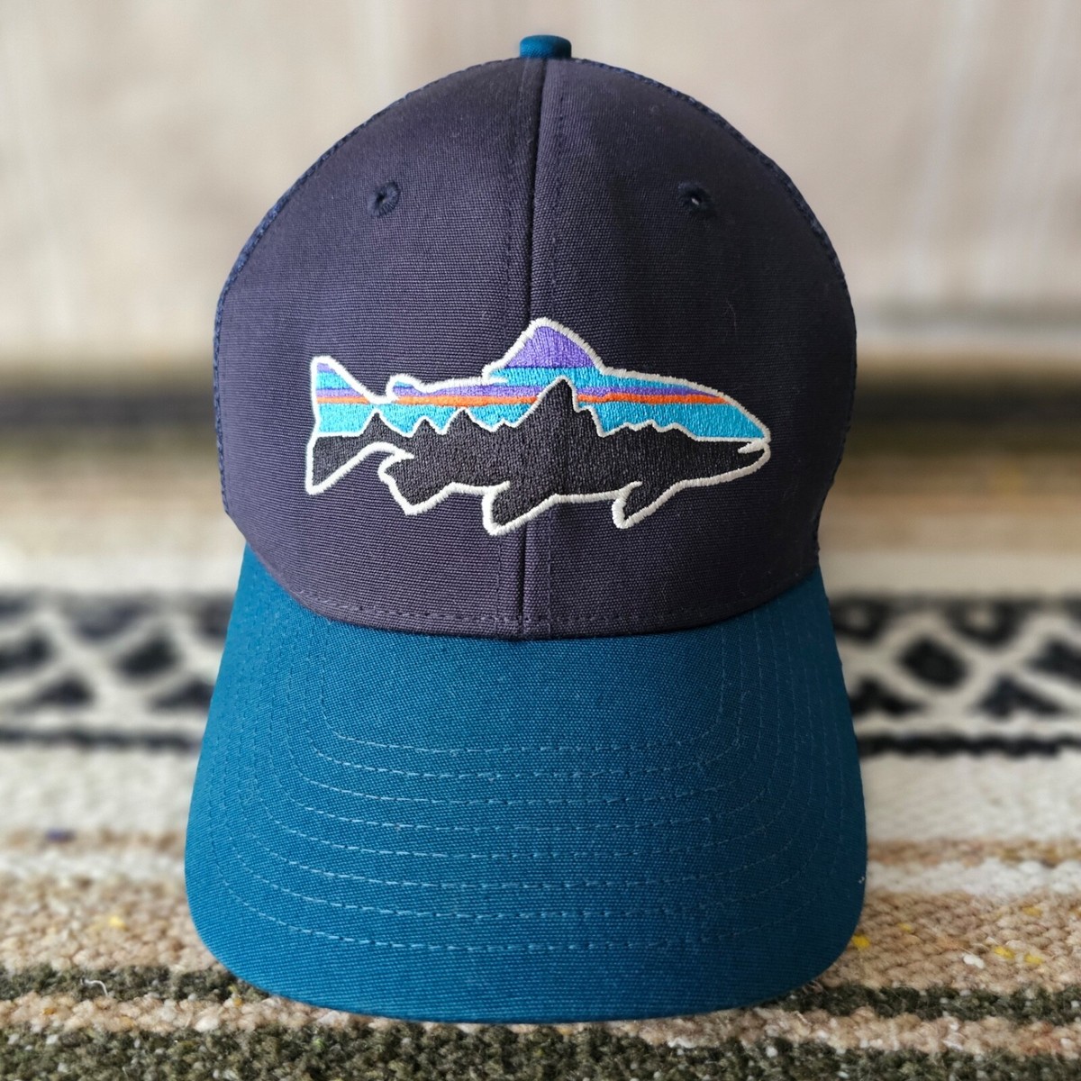Patagonia Fitz Roy Trout Men's Trucker Hat Navy Teal Blue Fish
