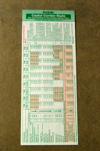 Amtrak - Capitol Corridor Route - Timetable Card - Fall/Winter 2000/2001