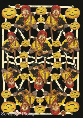 German Embossed Vintage Style Scrap Die Cut - Halloween Pumpkin & Witch  EF7273