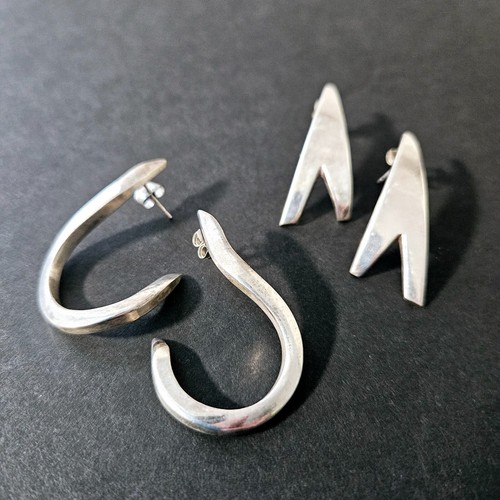 Pair of Vintage Sterling Silver Stud Curved Teardrop 1.5" Earrings No Markings - 第 1/14 張圖片