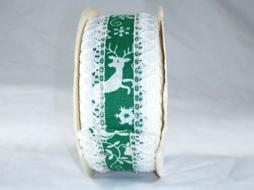 Green Reindeer Holiday Christmas Theme Vintage Realfabric Ribbon 12' by 1.375"