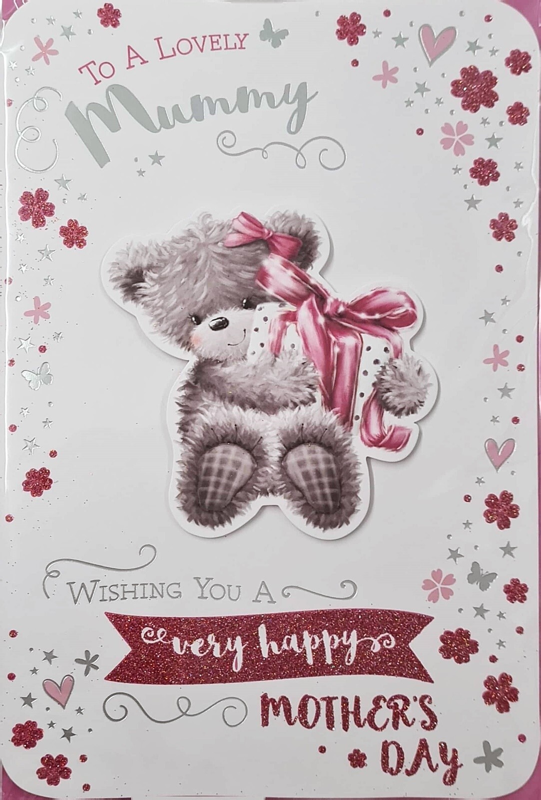 Happy Mother's Day Card - Mummy - Cute Bear with Present Silver Foil Red Glitter
