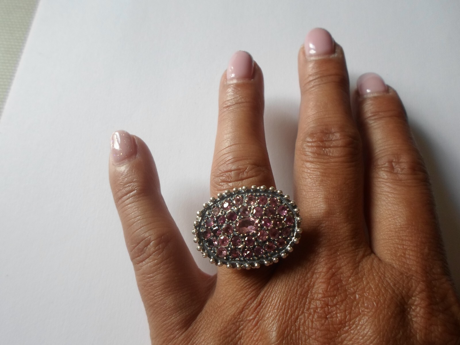 solid silver ring, pink zirconium pavement, chise… - image 5