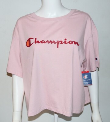Champion Women's Plus Sz Cropped Logo 2X T-Shirt Pink Crew Neck Short  Sleeve New