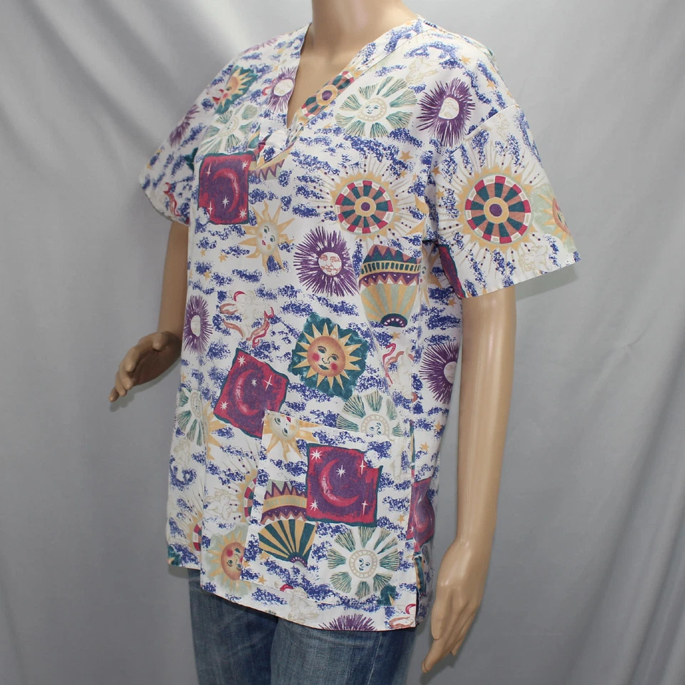 Crest Short Sleeve Small Scrub Top Suns and Moons Side Slits V Neck Made in USA - Image 2 of 4