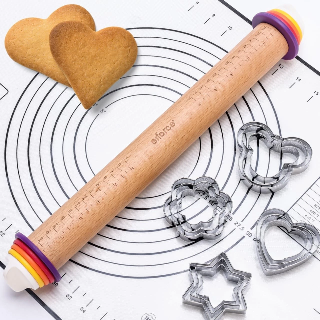 Wooden Rolling Pin with Thickness Rings and Pastry Baking Mat, Pizza, Cookie,...