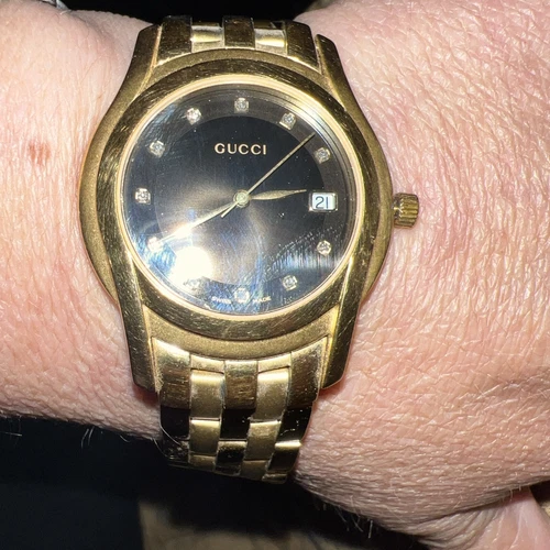 Orologio Uomo Vintage GUCCI 5400M Diamante Quadrante Nero Oro Bracciale SS