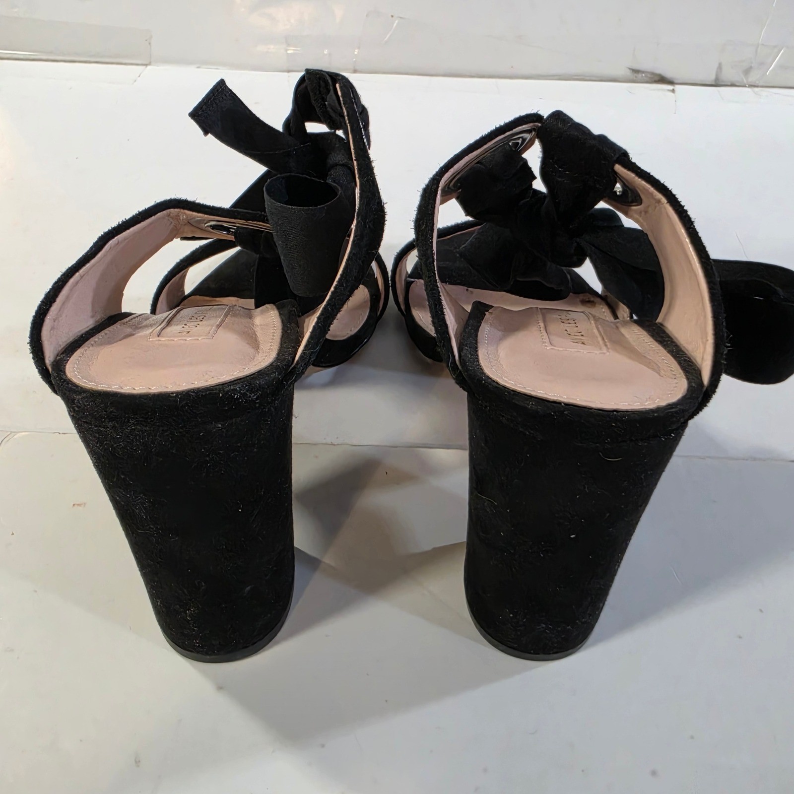 Avec Les Filles Black Suede Mules Block Silver Grommet Tie Sandals Womens Sz 7.5 image 7