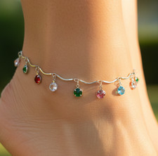 Boho Silver Tone Plated Brass Anklet Dainty Rainbow CZ Stone Charm Pattern