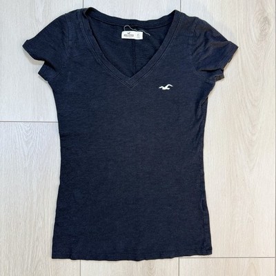 Y2K Hollister Womens Black V Neck T Shirt XS Short Sleeve Logo Tee 100% Cotton