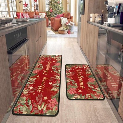 2 Pcs Christmas Kitchen Rugs and Mats for Floor Non-Slip Backing Mat Merry Ch...