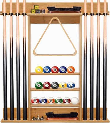 FoverOne Bamboo Pool Cue Rack Wall Mount Holds 8 Cues Balls Organizer