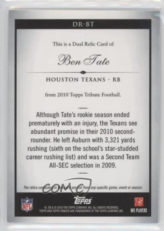 2010 Topps Tribute Dual Relics Blue Rainbow /30 Ben Tate #DR-BT Rookie RC - Image 2 of 2