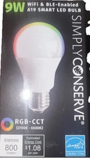 Simply Conserve 9W WiFi & BLE - Enabled A19 Smart LED Bulb NIB free ship