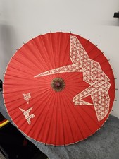 Vintage Japanese Red Paper Parasol Umbrella Origami Crane Bamboo Wagasa 32  