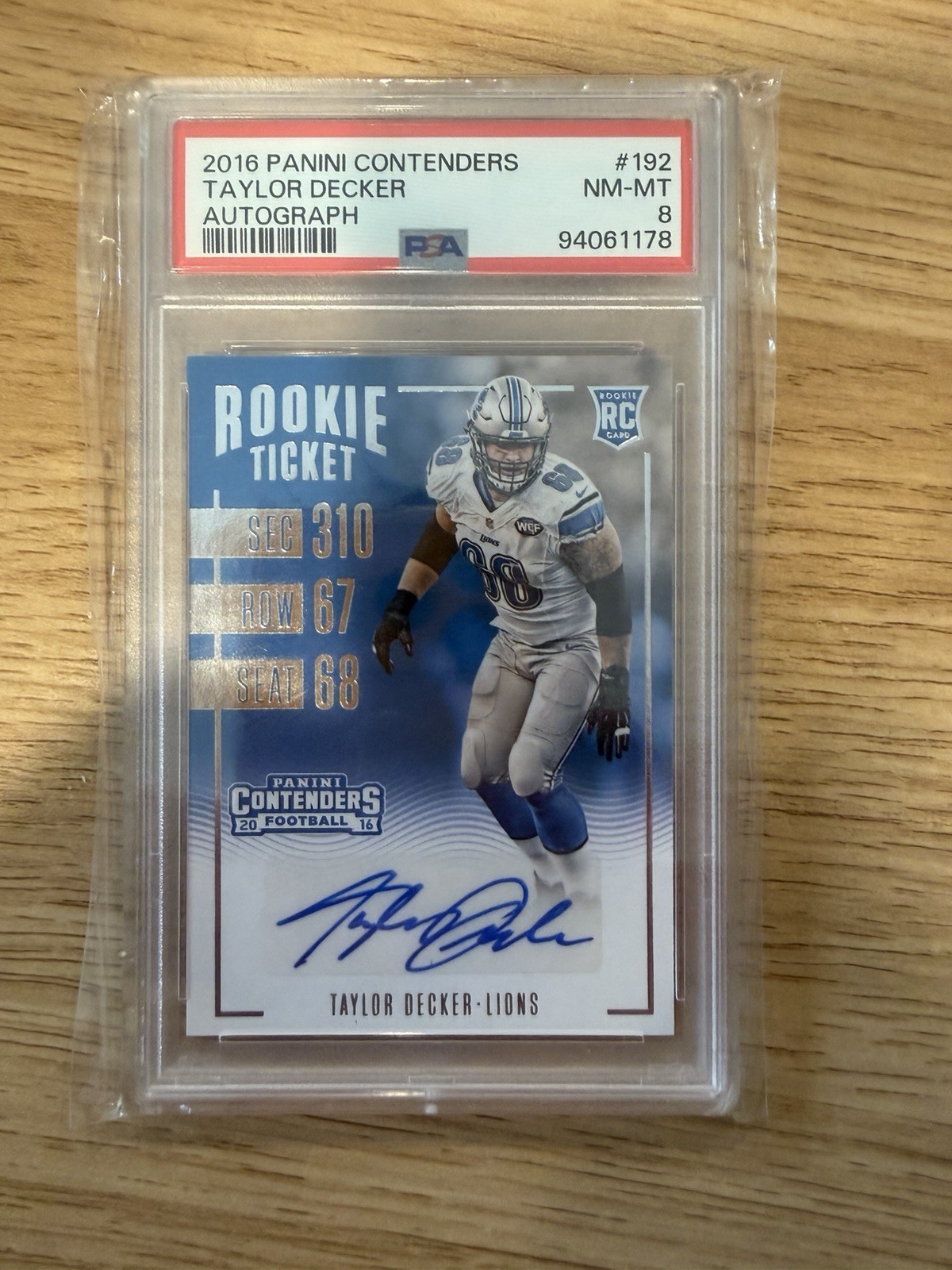 2016 Panini Contenders Taylor Decker RC Auto PSA 8 Lions #192