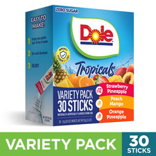 Dole Powder Drink mix variety Pack Tropical Peach Mango & Fruit Sugar Free 30 Ct