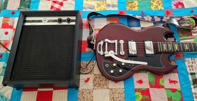 Used Vintage Burgandy GLOBAL SG Guitar Copy w/ Tremolo & Amp