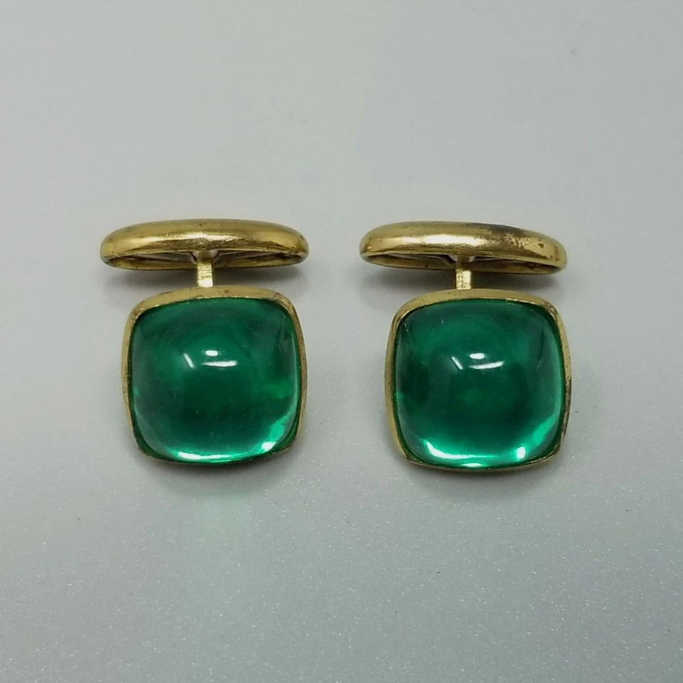 Gemelos Cabujón Verde Vintage Tono Dorado Acrílico Forma Pan de Azúcar Foto 2 de 4