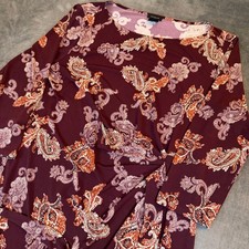 Ann Taylor Faux Wrap Dress Womens Large Burgundy Paisley 3/4 Sleeve Stretch