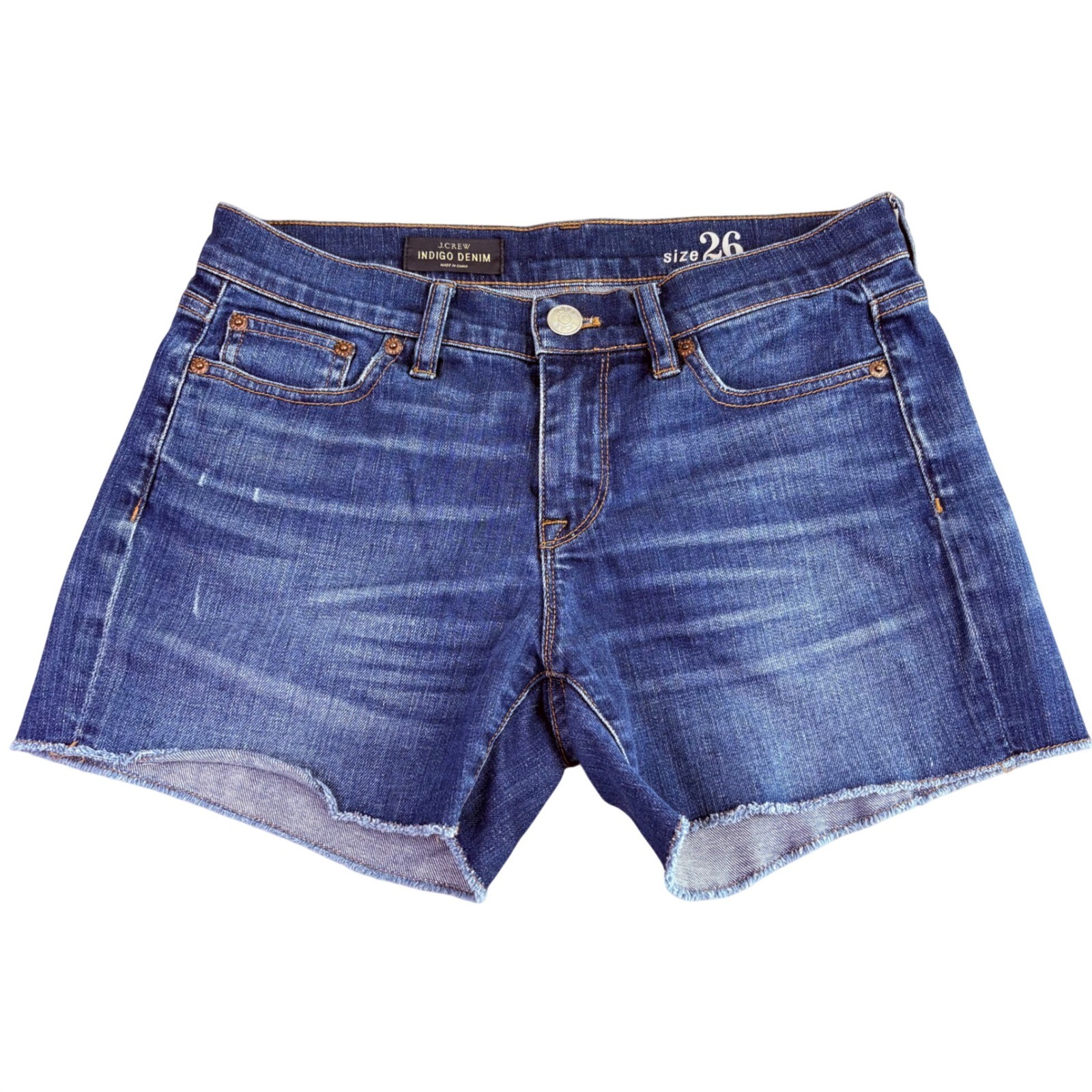 J.Crew Womens Size 26 Blue Indigo Denim Shorts Raw Hem Mid Rise Whiskered Cutoff