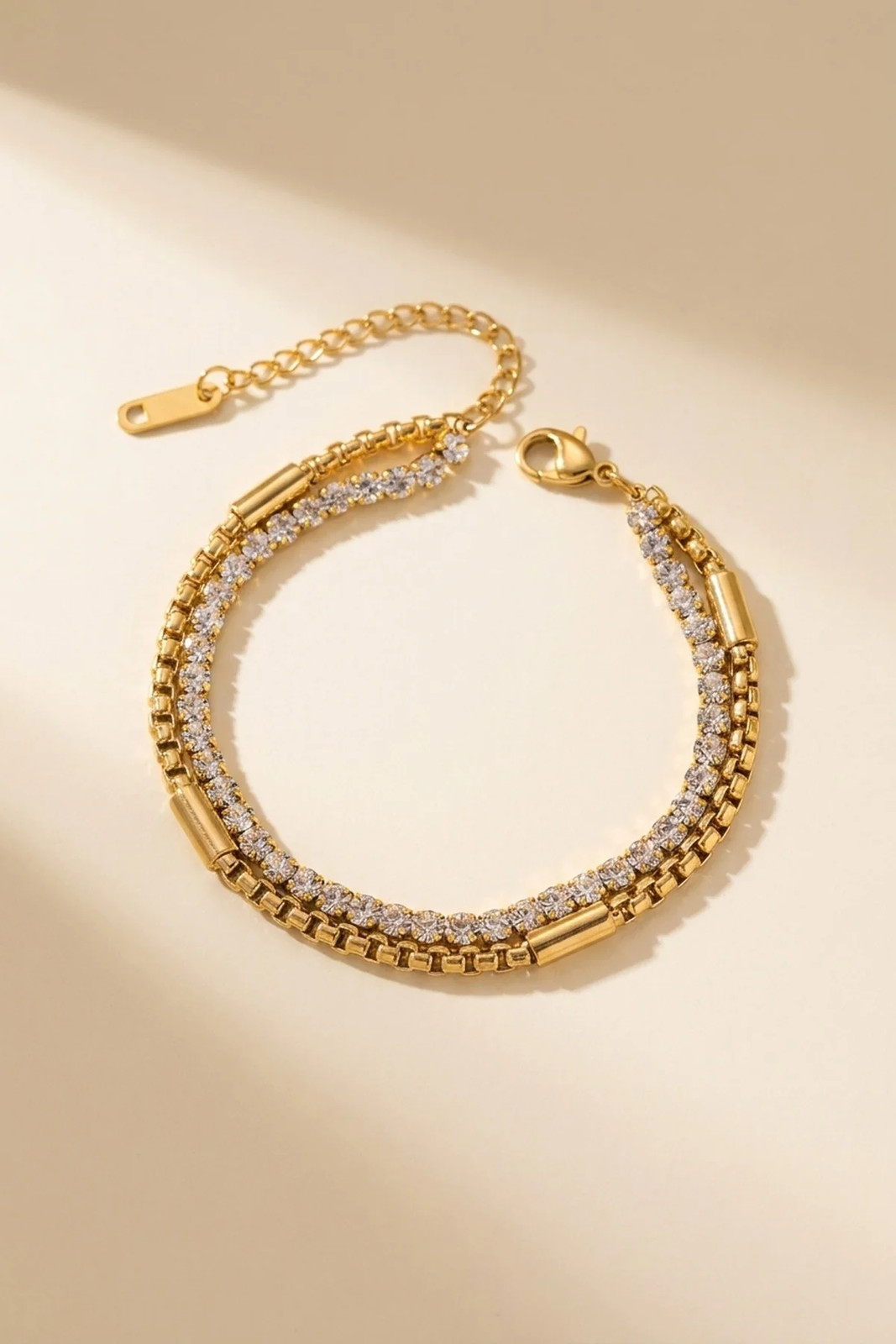 Womens Gold Layered Box Chain Tennis Bracelet Crystal PVD Gold Plated Jewellery