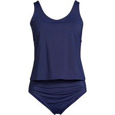Lands' End Women's L LONG Deep Sea Navy V Neck One Piece Fauxkini Swimsuit