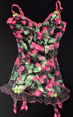 Vintage Victoria s Secret Second Skin Satin Cherry Sissy Teddy 36D NWT