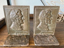 Antique Set Verdigris Bronze Abraham Lincoln Bookends w/Foundry Maker Mark