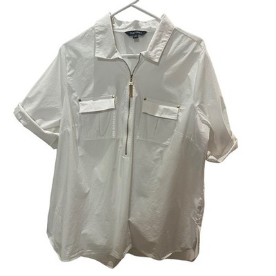 Ellen Tracy Womens White Half Zip Utility  Plus Size 1X Short Sleeve Cotton