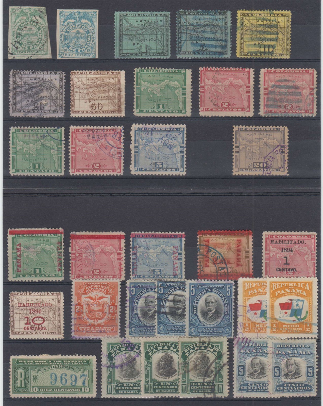 PANAMA 1878-1907 BETTER GROUP OF 32 STAMPS WITH Scott 1 & 6++ MINT & USED