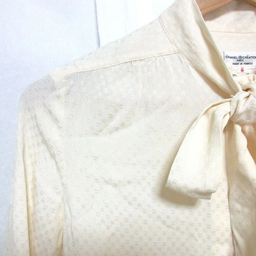 CHANEL Creations Vintage Coco Mark Jacquard Long Sleeve Shirt Blouse 6 Ivory Wom - Picture 3 of 10