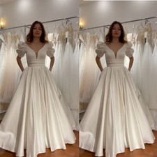 Minimalist Stain Wedding Dress Puff Short Sleeve Deep V Neck A Line Bridal Gown