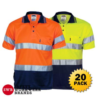 20 x DNC Workwear Mens Hi Vis Day Night Cool Polo Shirt Reflective Tape ...