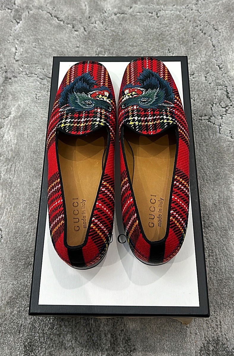 Authentic Gucci Tartan Wolf Appliqué Leather Mens Loafer US7  display picture 1
