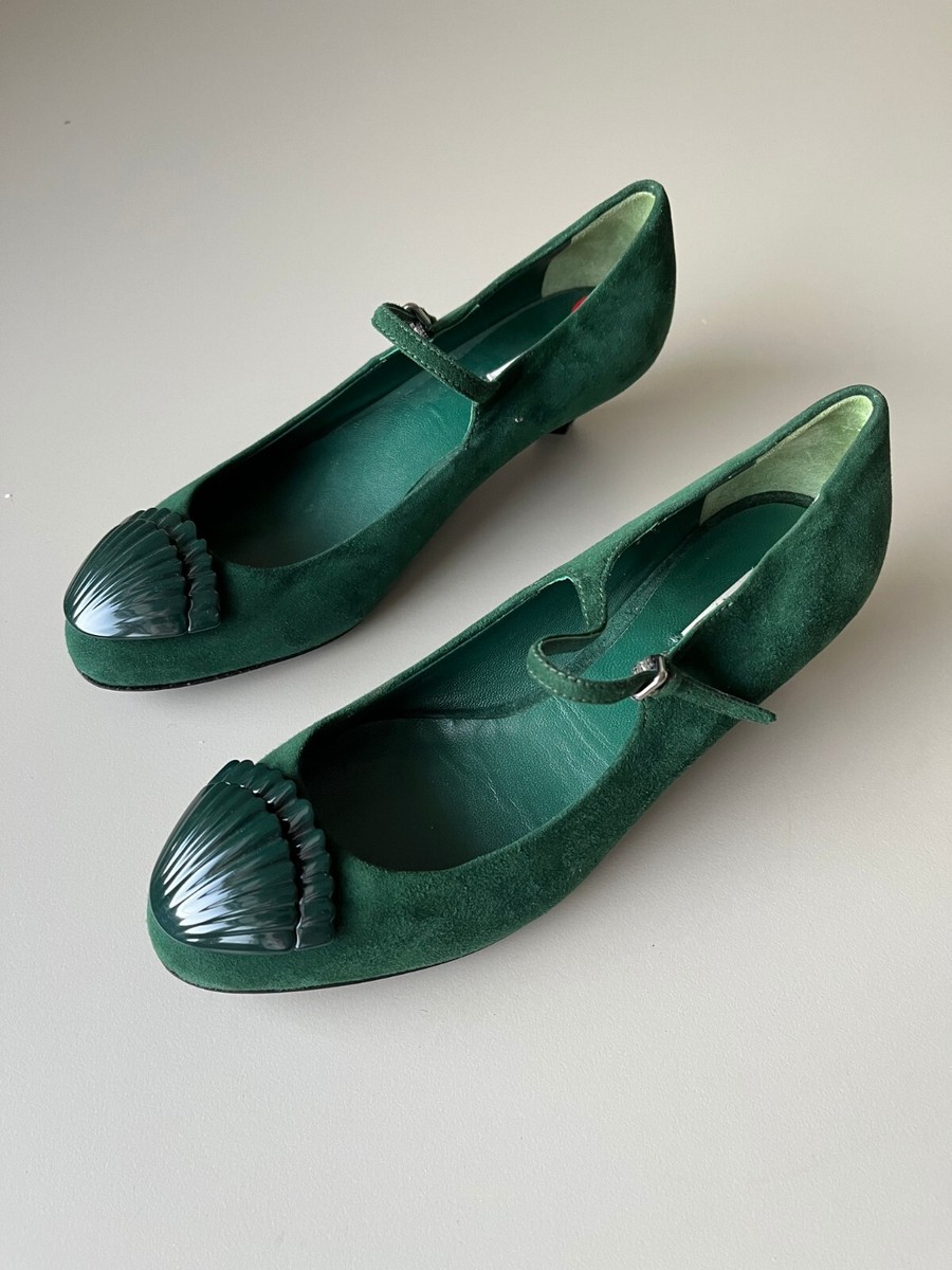 MIU MIU Green Suede Decorative Shell Buckle Low Heel Size EU 36