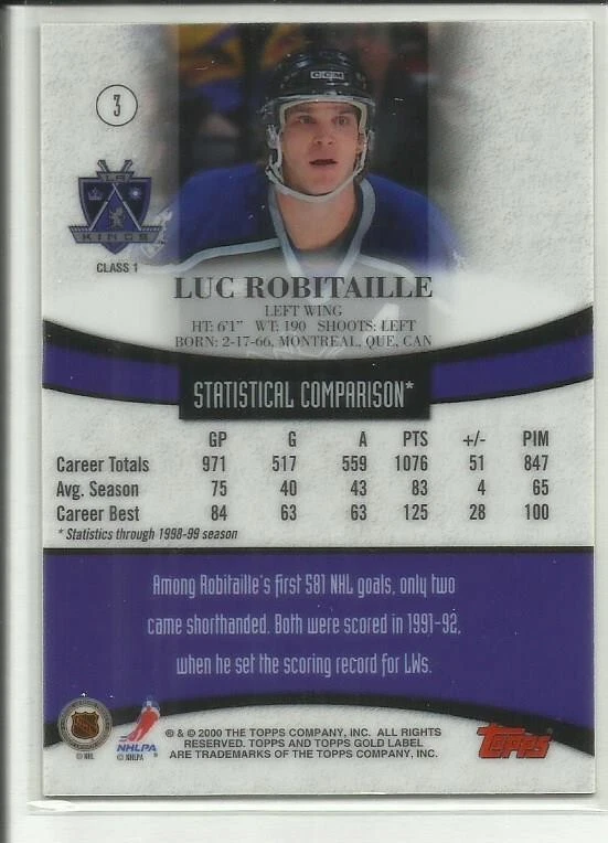 1999-00 Topps Gold Label Class 1 #3 Luc Robitaille Los Angeles Kings - Image 2 of 2