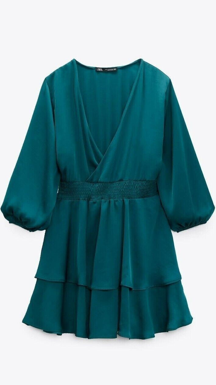 Zara Duck Blue Elasticated Satin Dress Size XL RRP £45.99 REF 1165/192 image 6