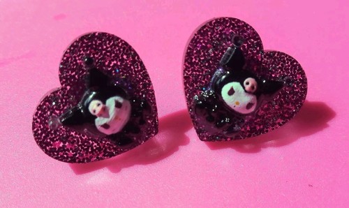 Sanrio character *Kuromi Heart Stud Earrings* on stainless steel earring posts - Picture 3 of 15