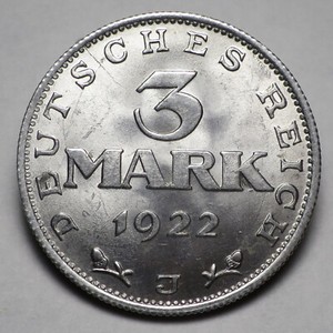 Germany Weimar Republic 1922 J 3 Mark KM#29 Unc Details Small Scratch
