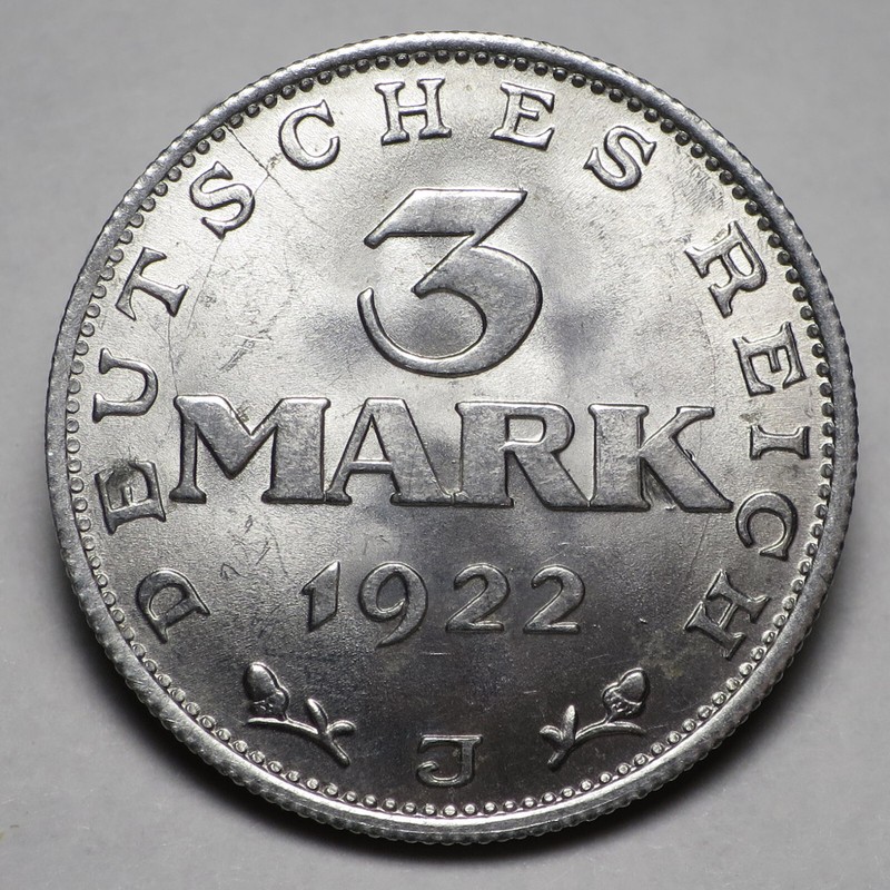 Germany Weimar Republic 1922 J 3 Mark KM#29 Unc Details Small Scratch