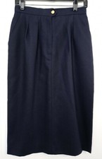 Vintage JH Collectibles Navy Blue Wool Pencil Skirt 10 Pleated Back Slit Zip