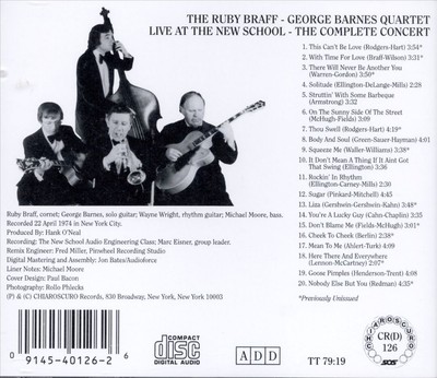 RUBY BRAFF (TRUMPET/CORNET) - LIVE AT THE NEW SCHOOL NEW CD