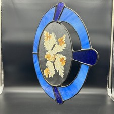 Blue Stained Glass Pressed Flower  Butterfly Suncatcher Oval Hanging Window