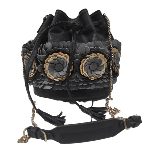 Uterque Women Floral Dark Blue Leather Crossbody Bucket Bag - Picture 4 of 10
