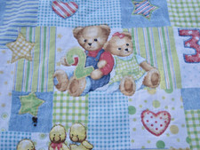 VTG Blue Jean Teddy Bear Handmade Baby Blanket Quilt Patchwork Alphabet 41 x 59