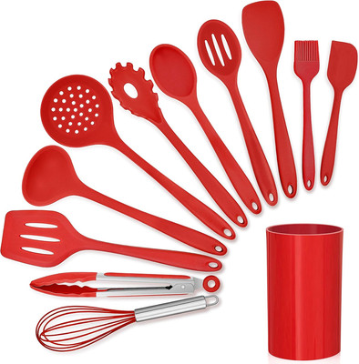 12-Piece Red Silicone Kitchen Cooking Utensils with Holder, Kitchen Tool